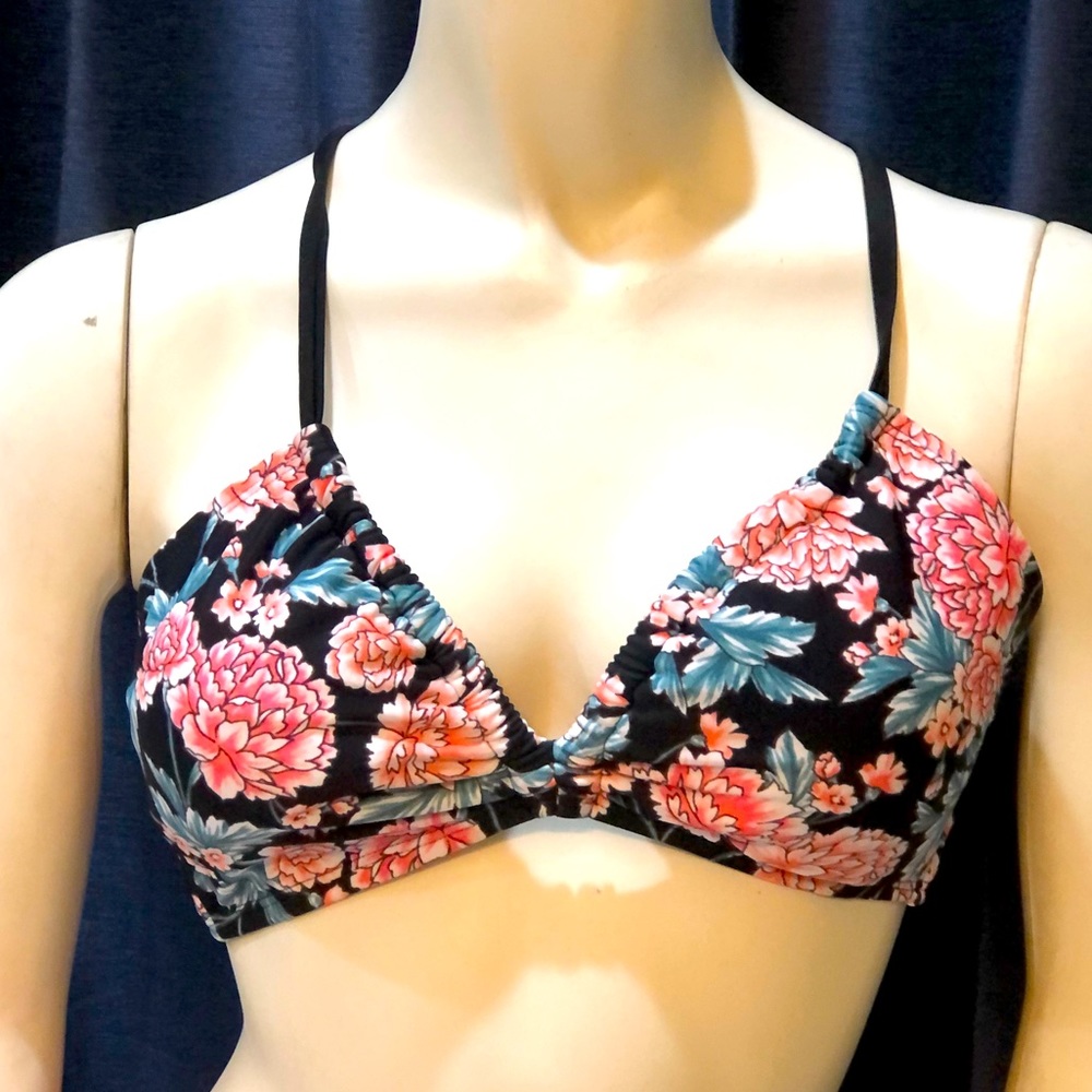 Black Carnation Print Bikini Top